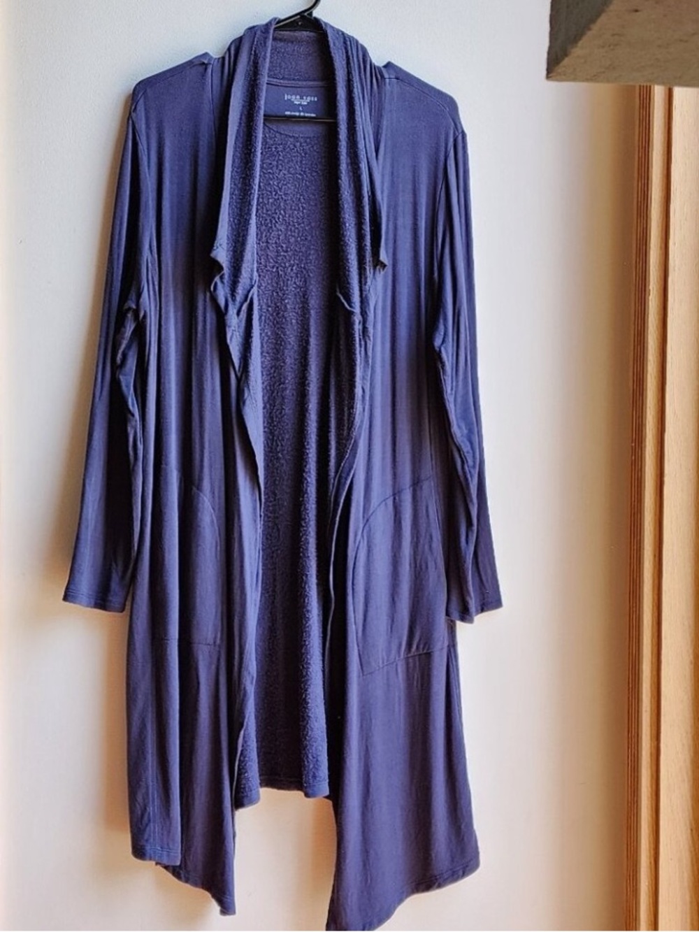 Joan Vass Navy Blue Midi Loungewear Long Open-Front Cardigan Pockets Size Large